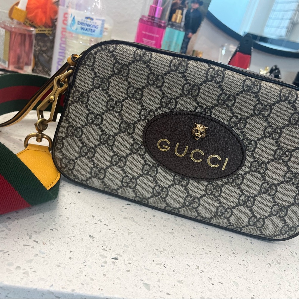 Gucci Women's Gray Monogram Crossbody Bag with Multicolor Strap